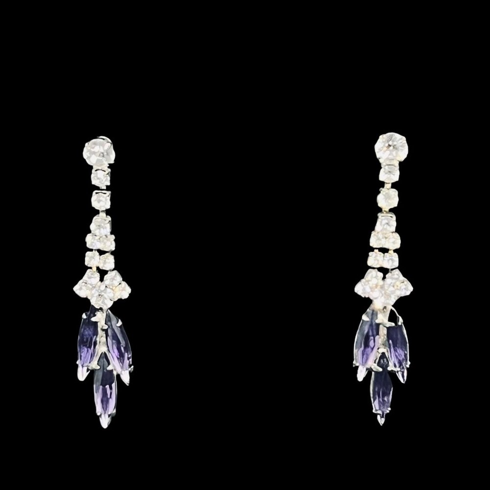 Vintage Silver Tone With Purple And Clear Glass Rhinestones Pierced Earrings